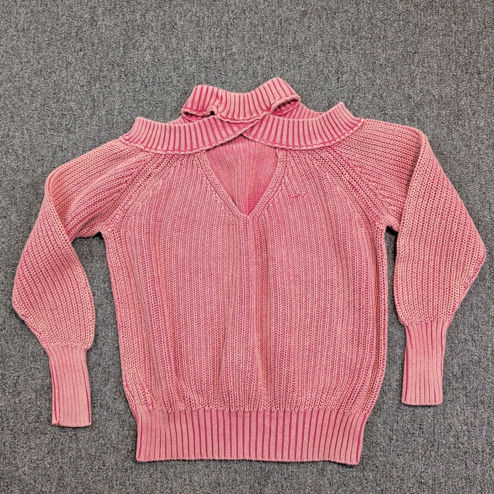 Free‎ People Boho Cold Shoulder V-Neck Sweater XS Pink Cotton Ribbed Chunky Knit - Picture 6 of 10